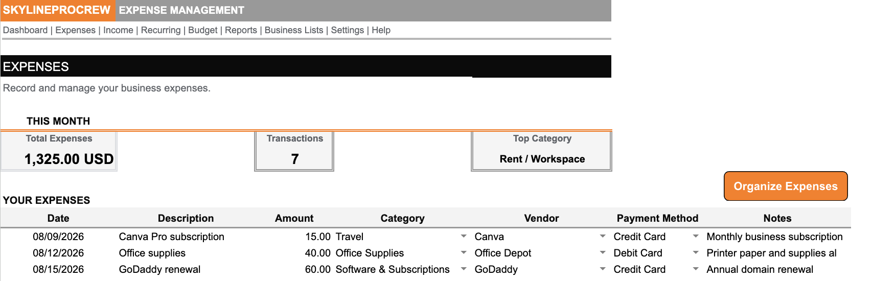 Skyline Expenses sheet screenshot