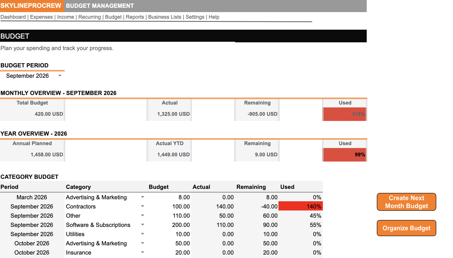 Skyline Budget sheet screenshot