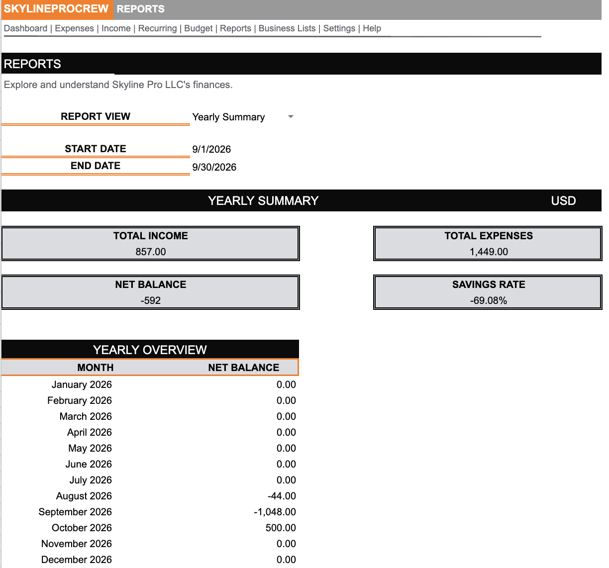 Skyline Yearly Report sheet screenshot