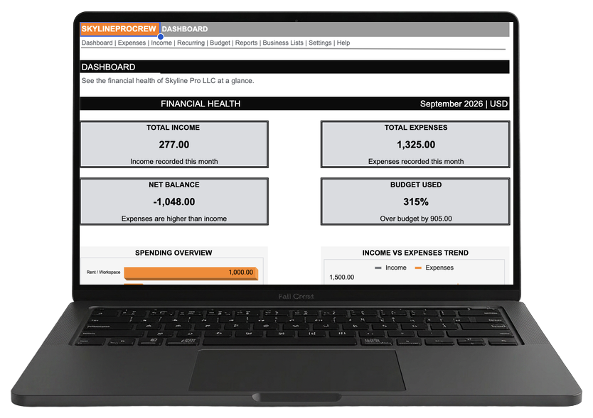 Skyline Expense Management System dashboard shown on a laptop